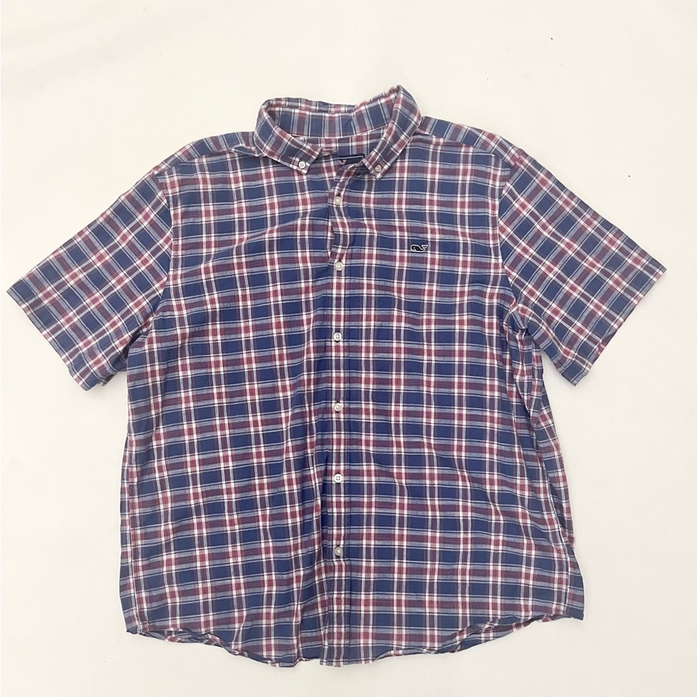 Vineyard Vines Men XL pink/blue Short Sleeve plaid button up shirt 100% cotton